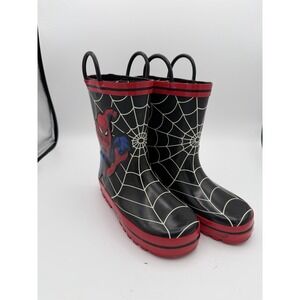 Marvel Spider-Man Kids Rain Boots Size 10 M Black Red Pull Handles.       1789